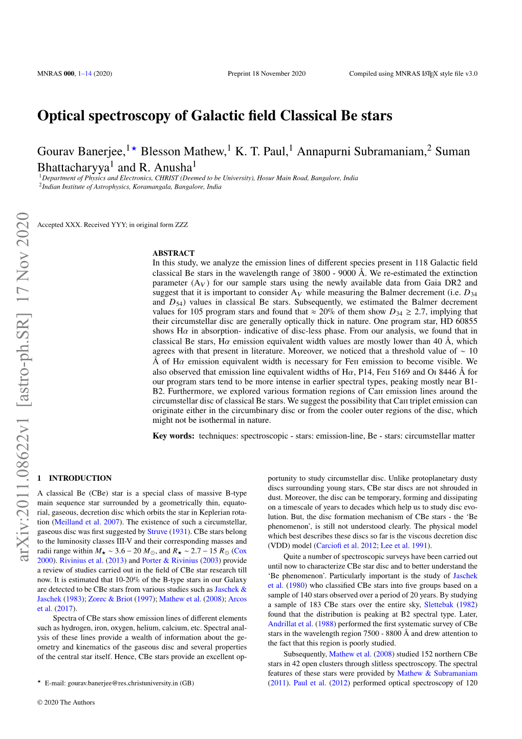 Optical Spectroscopy of Galactic Field Classical Be Stars