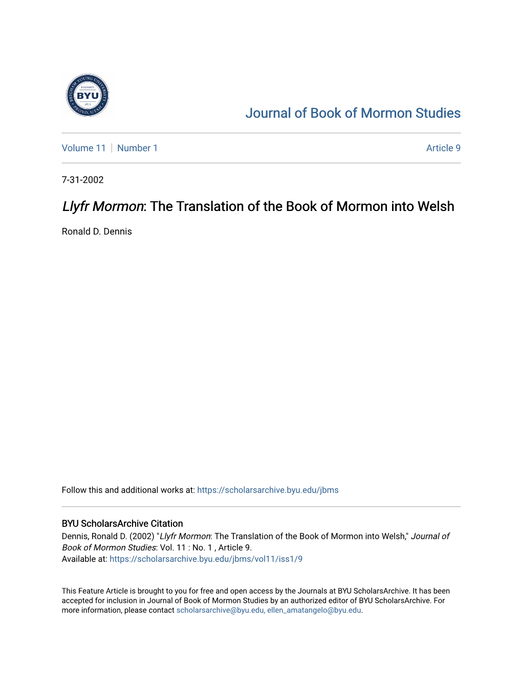 Llyfr Mormon: the Translation of the Book of Mormon Into Welsh