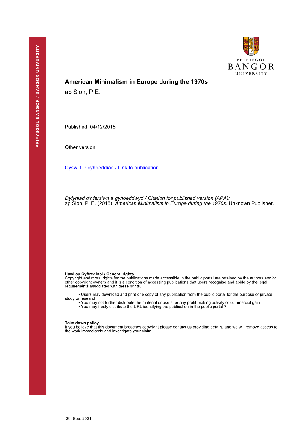 American Minimalism in Europe During the 1970S Ap Sion, PE