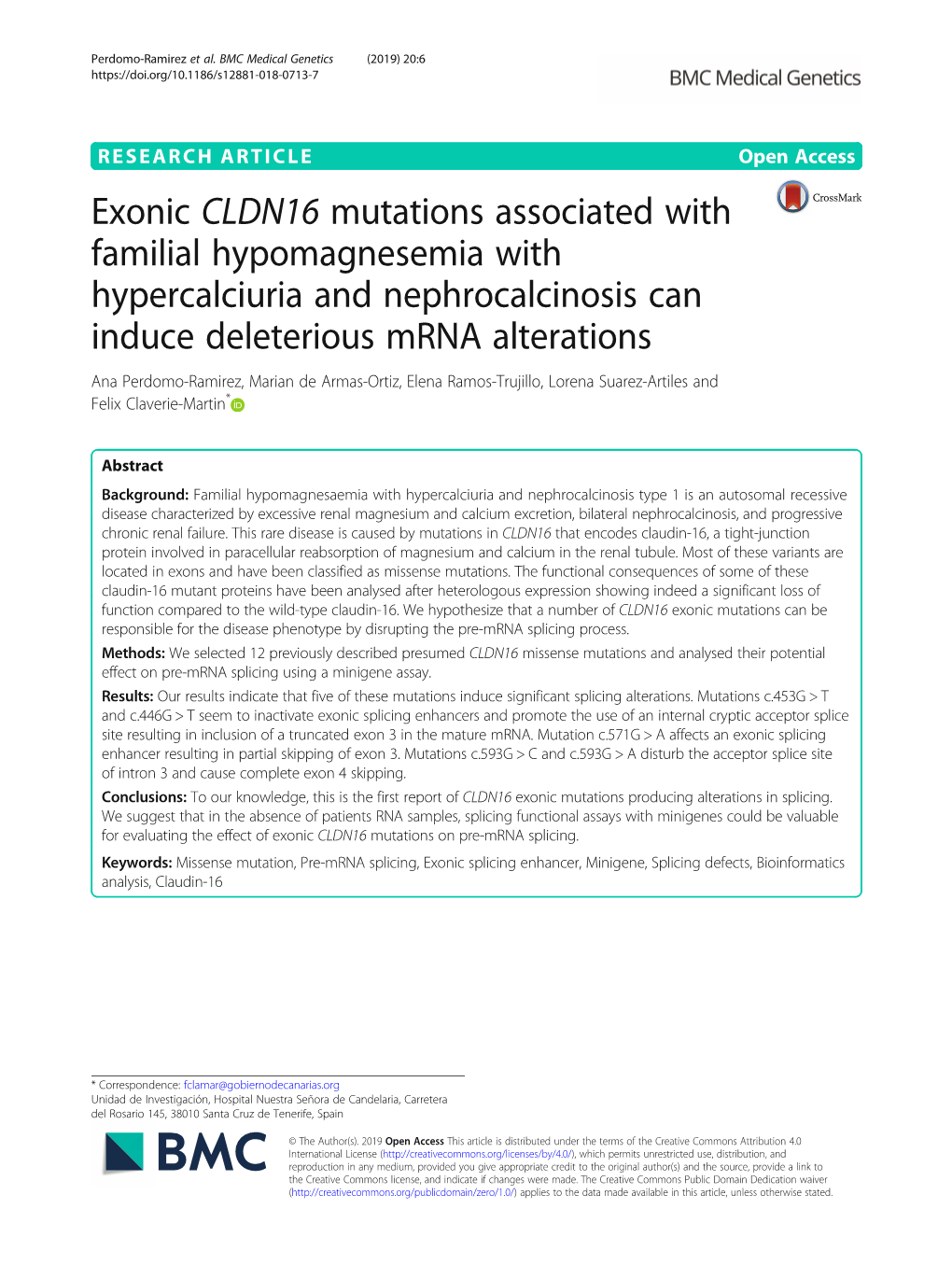 Exonic CLDN16 Mutations Associated with Familial Hypomagnesemia With