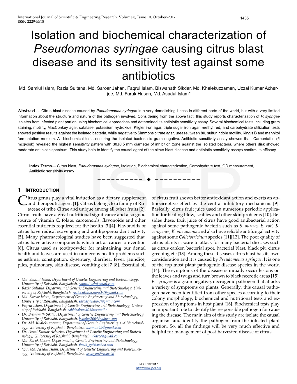 Isolation and Biochemical Characterization of Pseudomonas Syringae Causing Citrus Blast Disease and Its Sensitivity Test Against Some Antibiotics Md