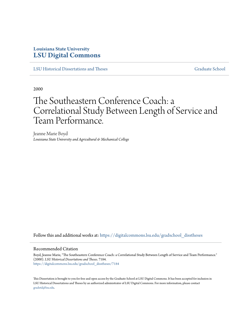 The Southeastern Conference Coach: a Correlational Study Between Length of Service and Team Performance