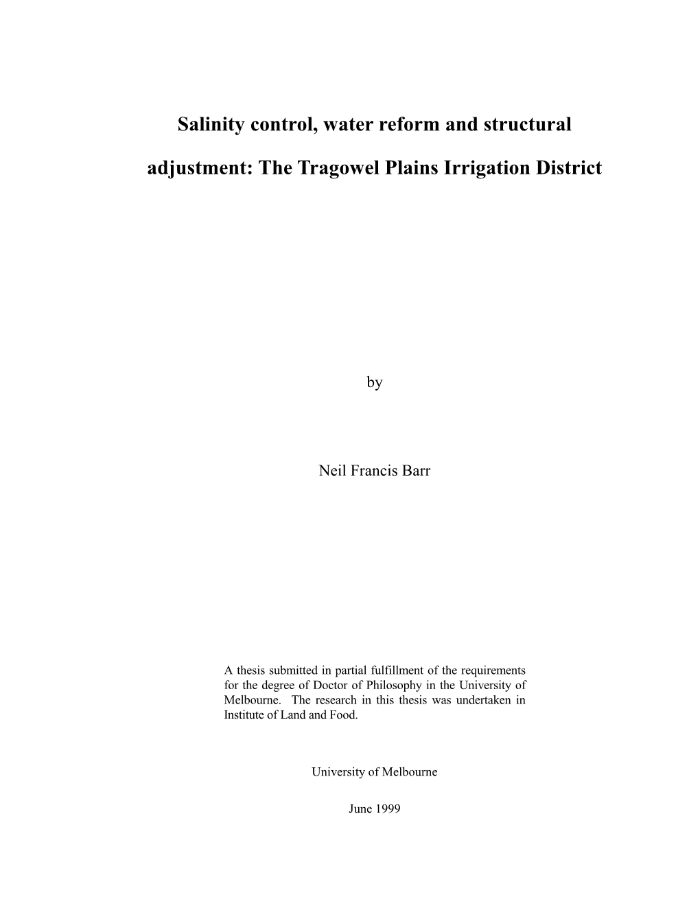 Salinity Control, Water Reform and Structural Adjustment: the Tragowel Plains Irrigation District