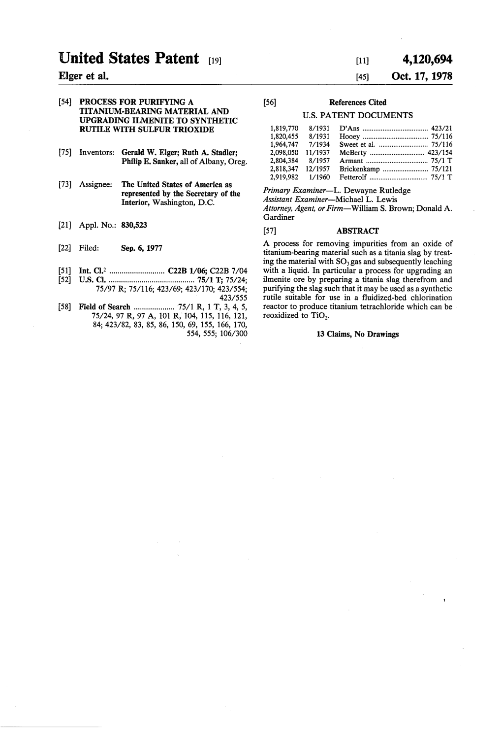 United States Patent (19) 11 4,120,694 Elger Et Al