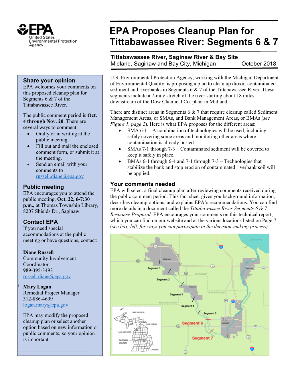 Epa Proposes Cleanup Plan for Tittabawassee River: Segments 6 & 7