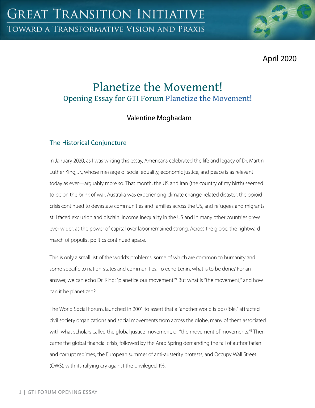 Opening Essay for GTI Forum Planetize the Movement!