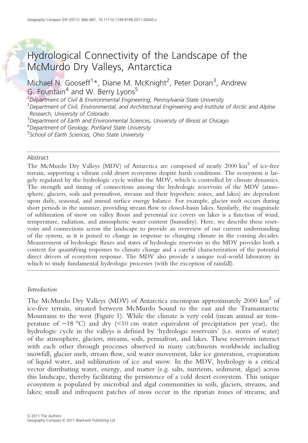 Hydrological Connectivity of the Landscape of the Mcmurdo Dry Valleys, Antarctica Michael N