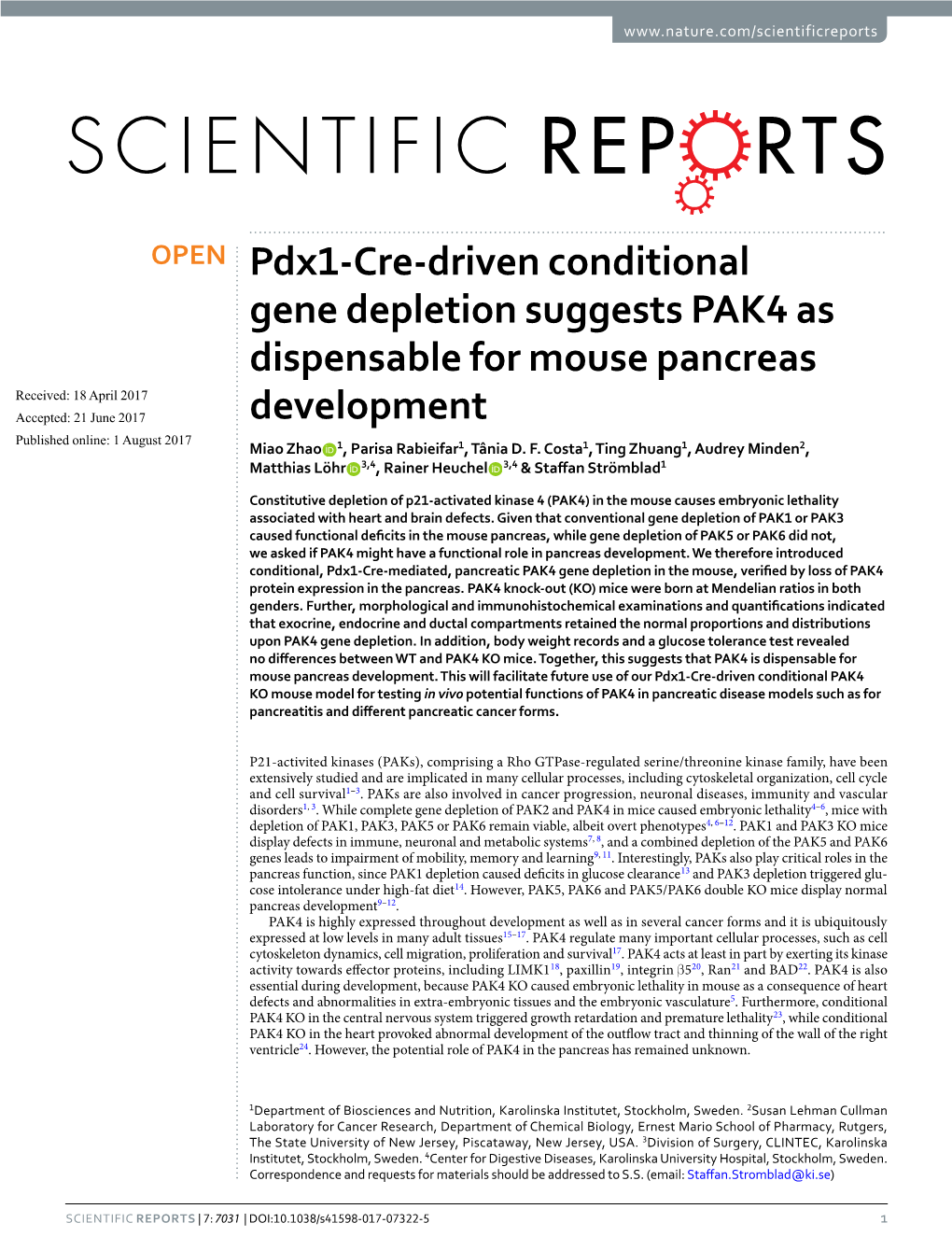 Pdx1-Cre-Driven Conditional Gene Depletion Suggests PAK4 As