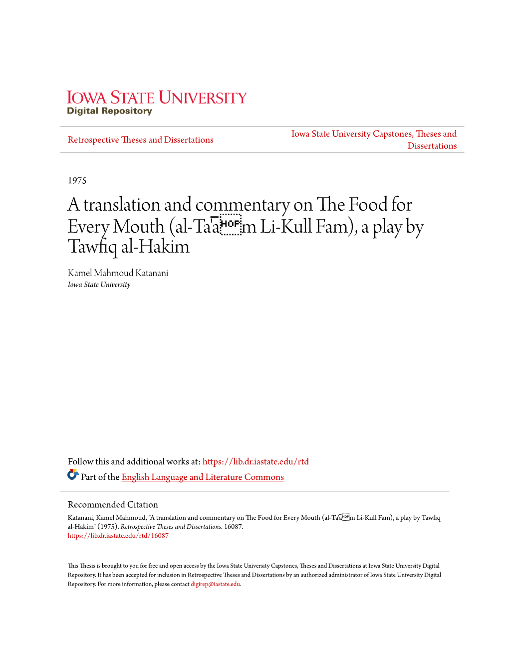 A Play by Tawfiq Al-Hakim Kamel Mahmoud Katanani Iowa State University