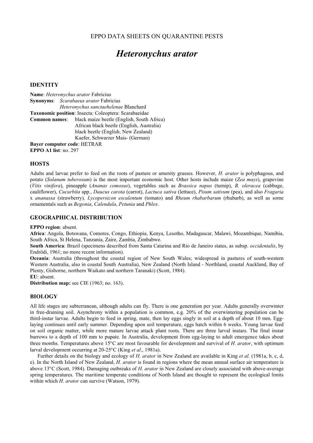 Data Sheet on Heteronychus Arator