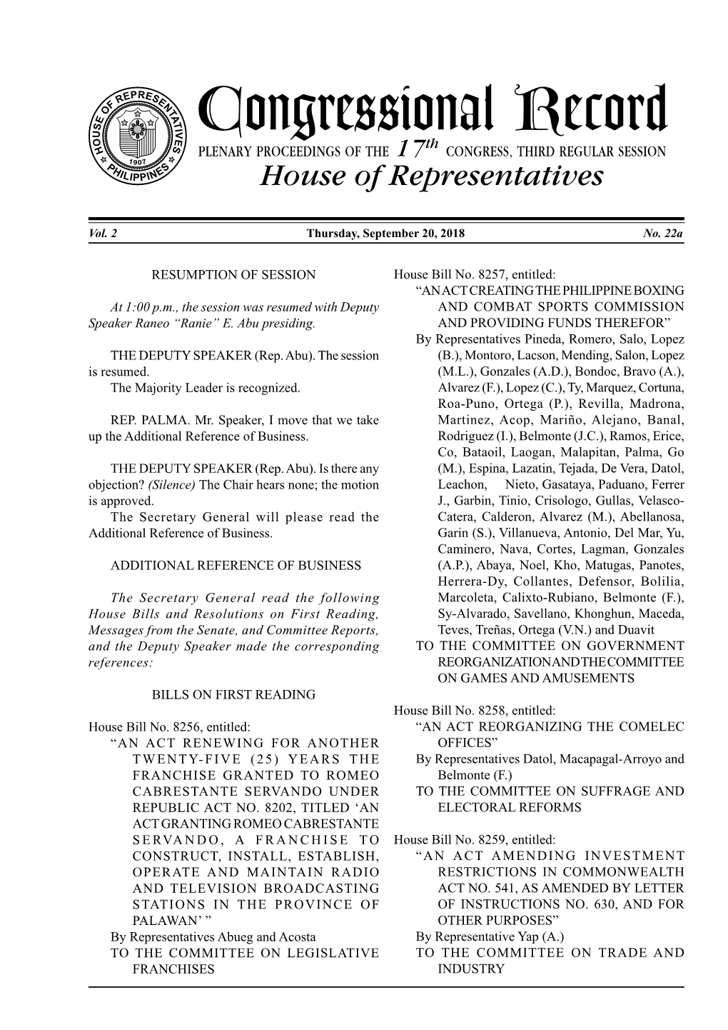 Congressional Record O H Th PLENARY PROCEEDINGS of the 17 CONGRESS, THIRD REGULAR SESSION 1 P 907 H S ILIPPINE House of Representatives