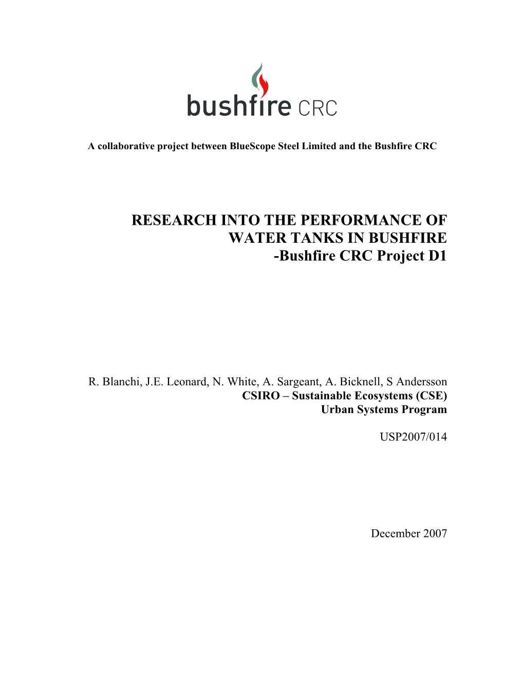 Research Into the Performance of Water Tanks in Bushfires