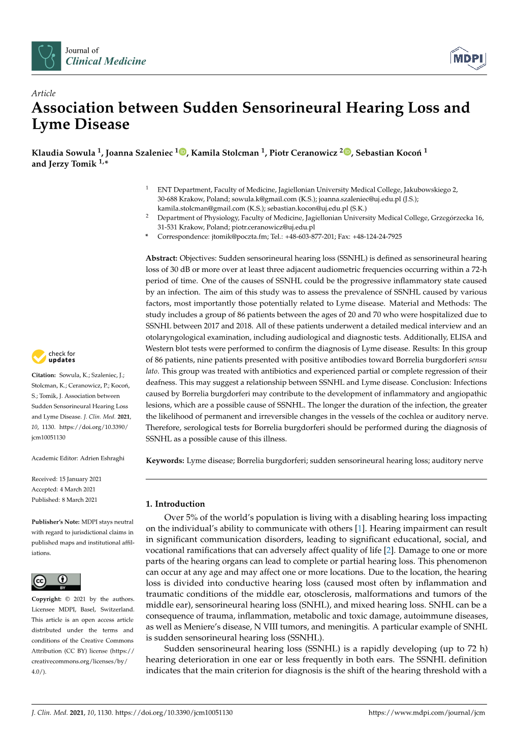 Association Between Sudden Sensorineural Hearing Loss and Lyme Disease