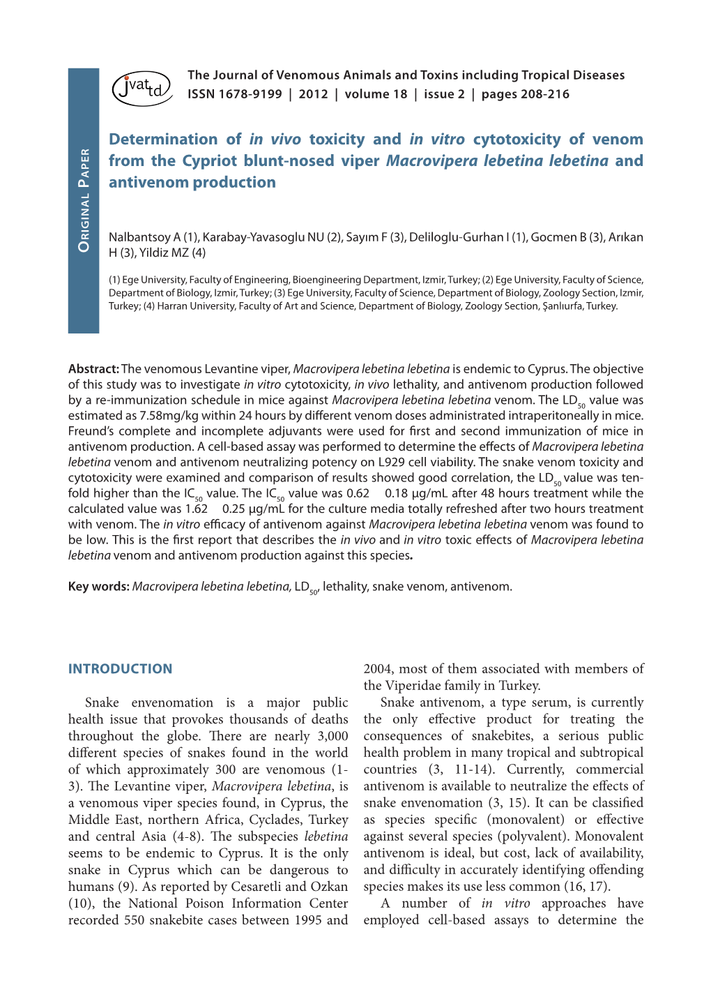 Determination of in Vivo Toxicity and in Vitro Cytotoxicity of Venom from the Cypriot Blunt-Nosed Viper Macrovipera Lebetina