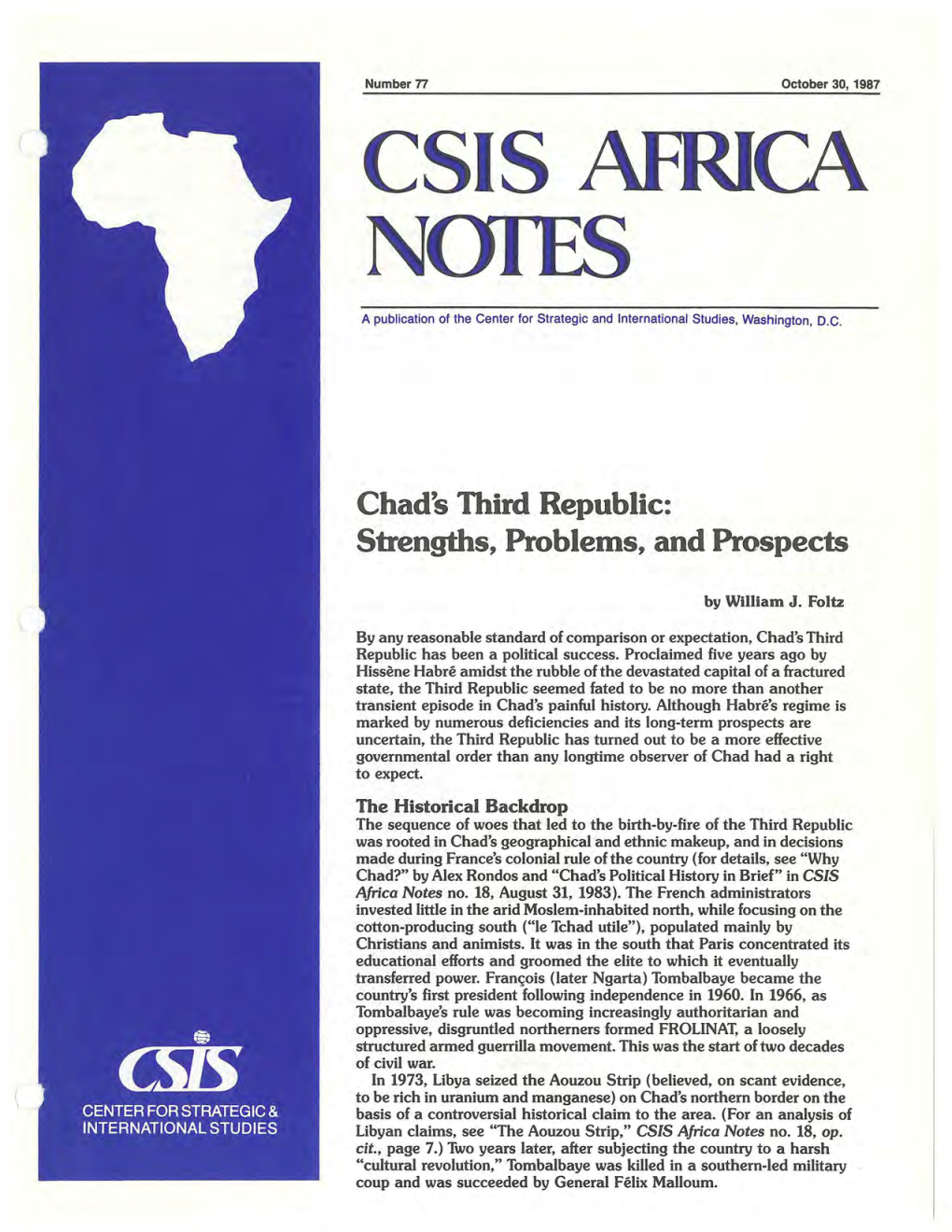 Chad's Third Republic: Strengths, Problems, and Prospects