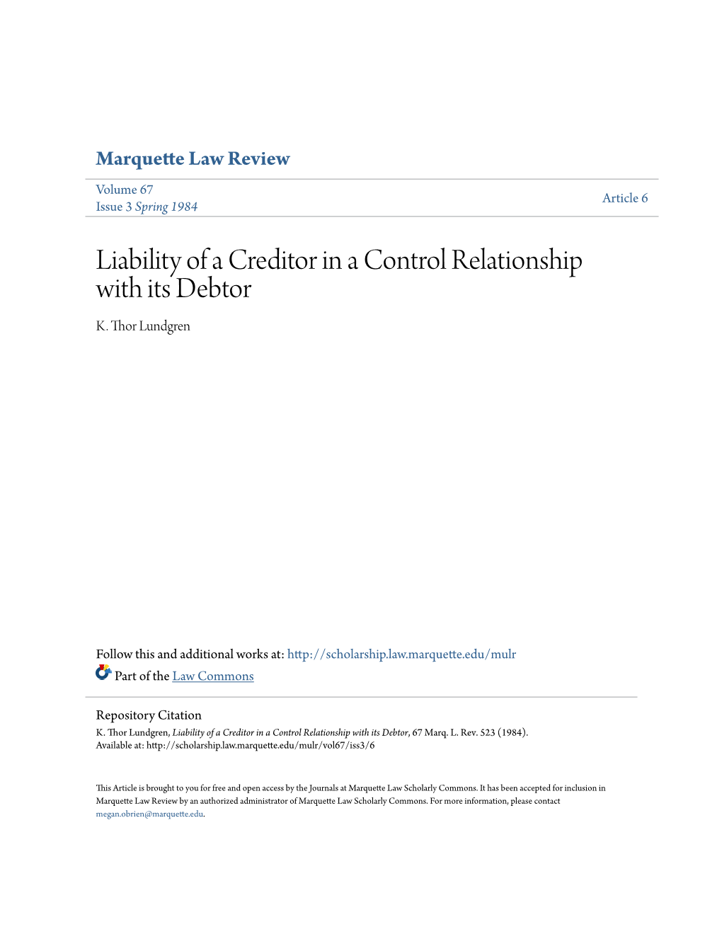 Liability of a Creditor in a Control Relationship with Its Debtor K