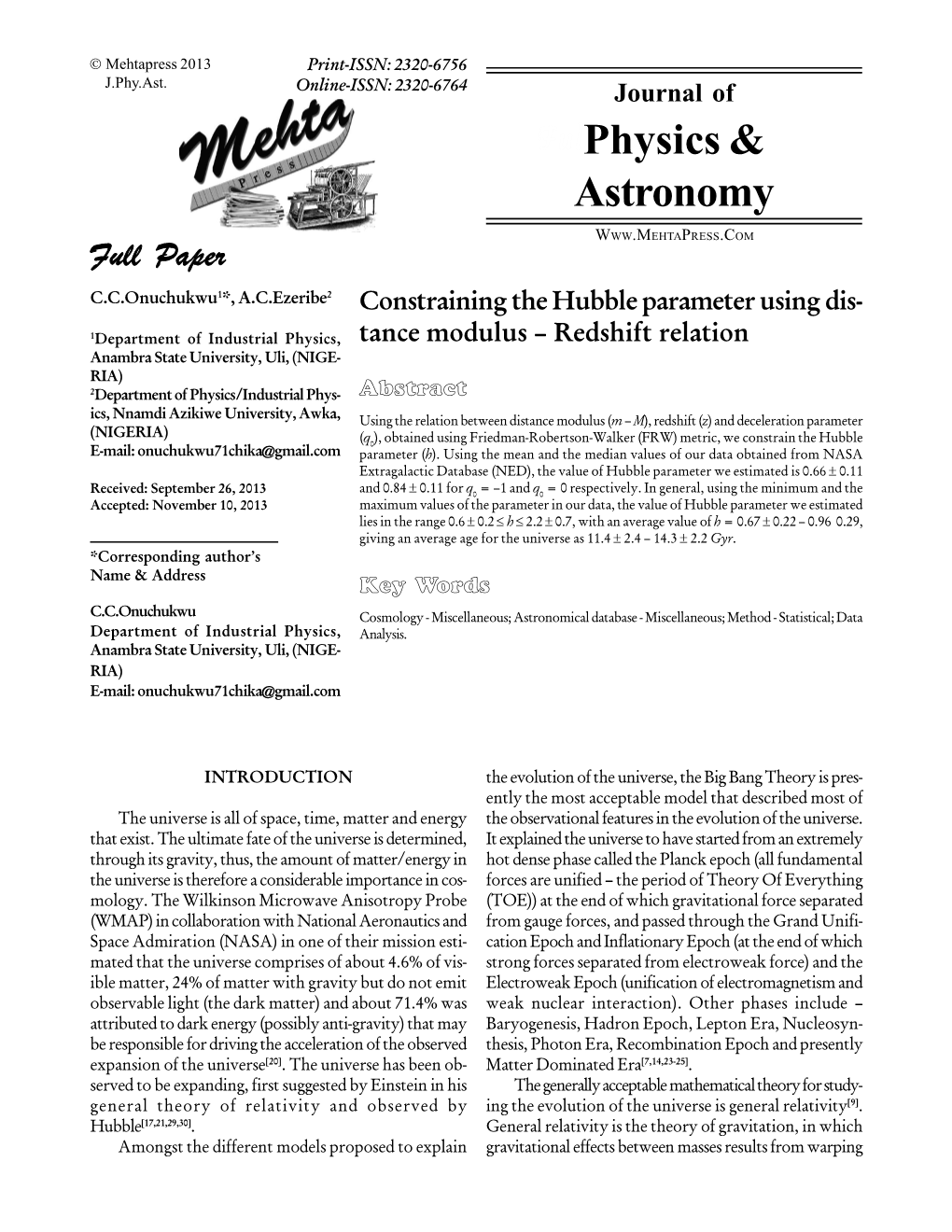 Constraining the Hubble Parameter Using Distance Modulus-Redshift