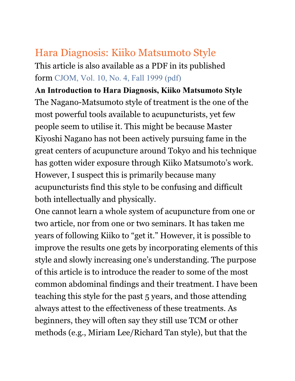 Hara Diagnosis: Kiiko Matsumoto Style This Article Is Also Available As a PDF in Its Published Form CJOM, Vol