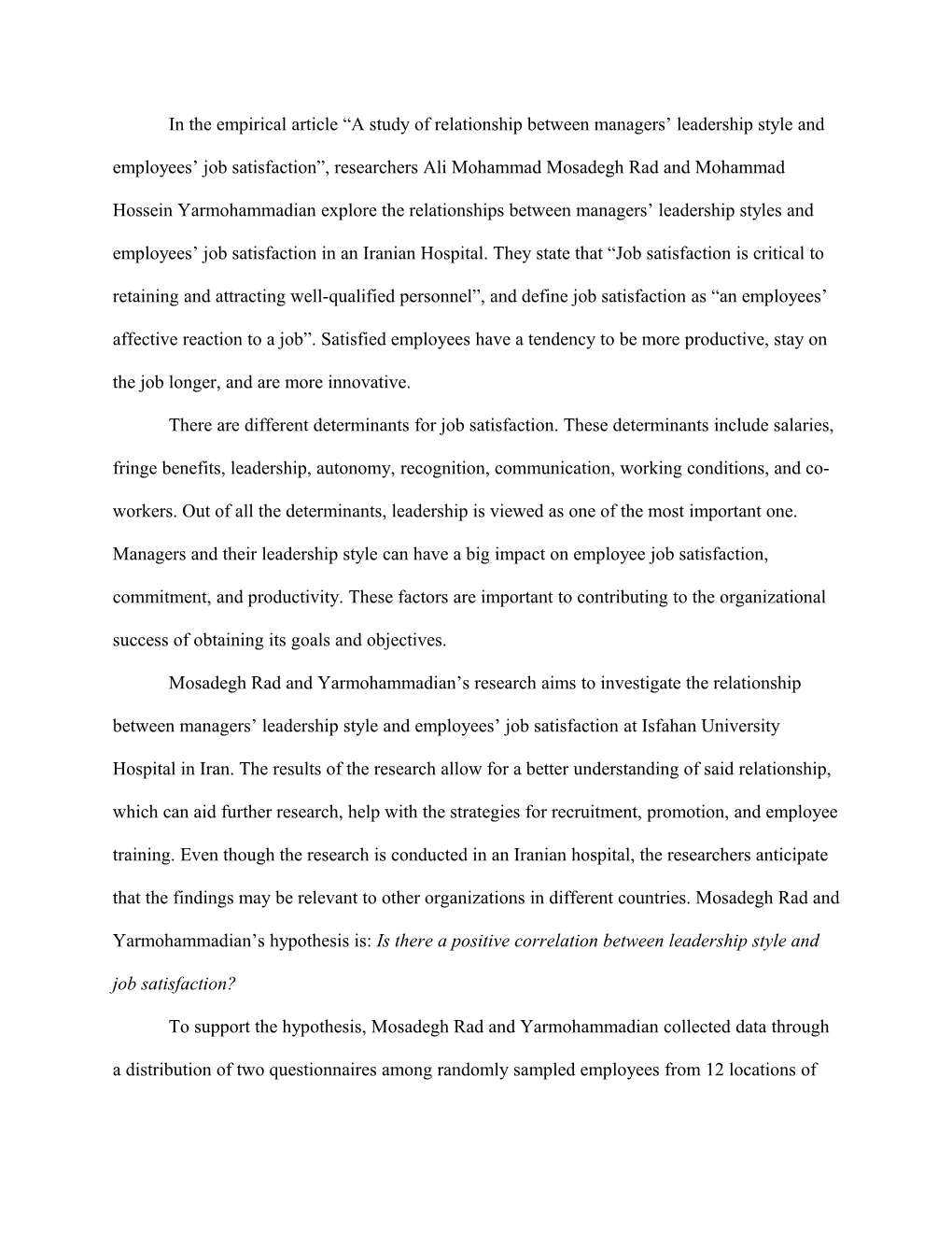 In the Empirical Article a Study of Relationship Between Managers Leadership Style And