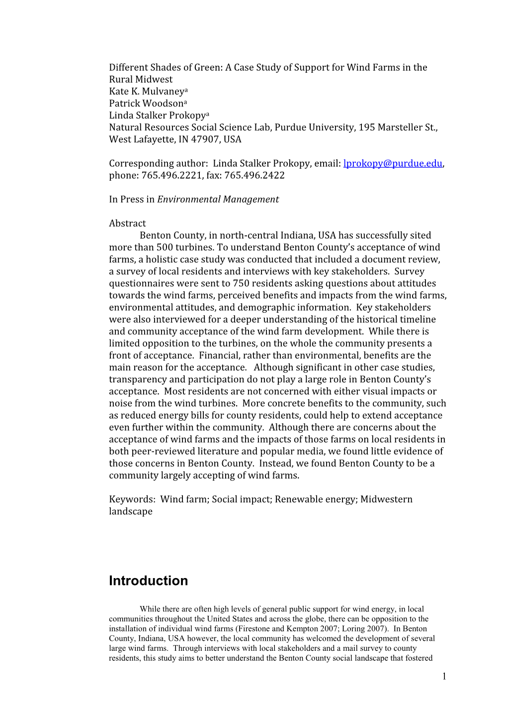 A Case Study of Support for Wind Farms in the Rural Midwest Kate K