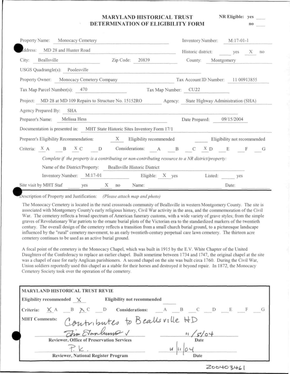 MARYLAND HISTORICAL TRUST NR Eligible: Yes DETERMINATION of ELIGIBILITY FORM No