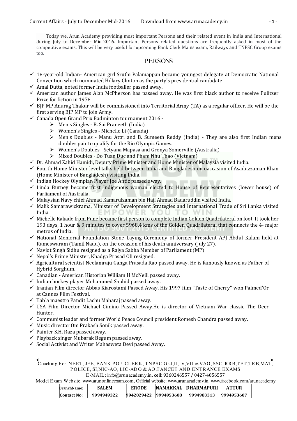 Persons and Their Related Event in India and International During July to December Mid-2016