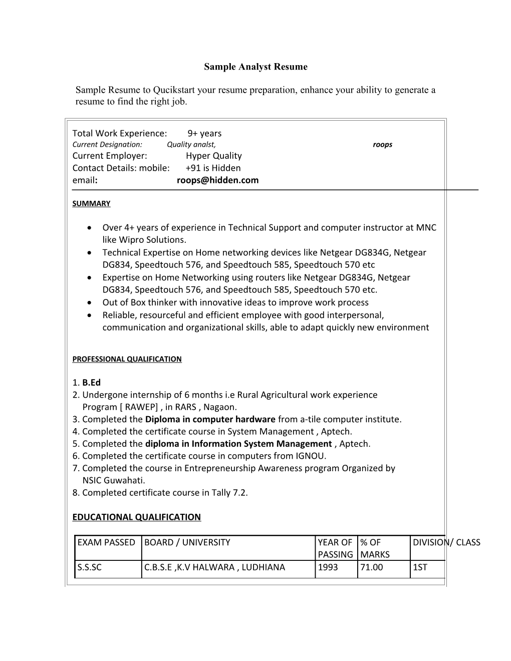 Sample Analyst Resume