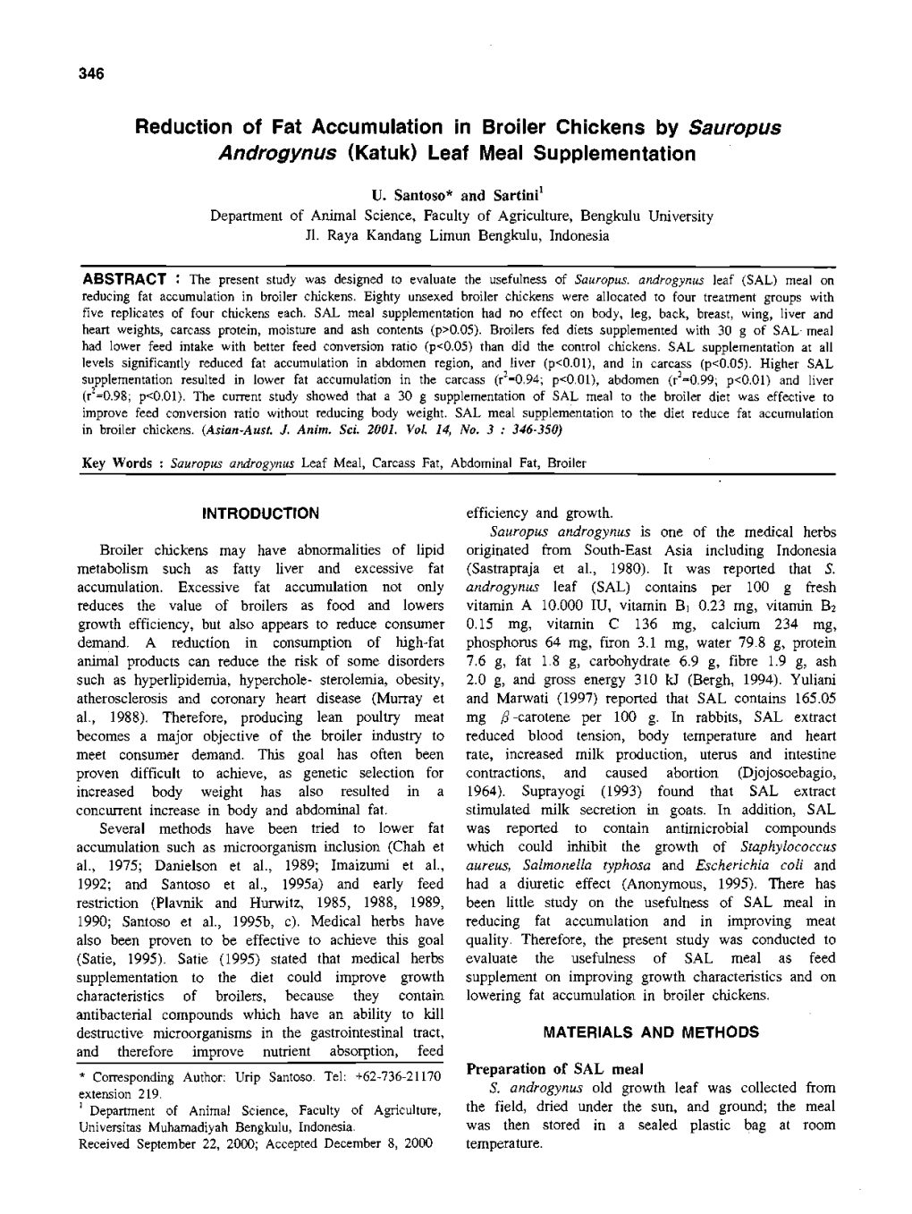 Reduction of Fat Accumulation in Broiler Chickens by Sauropus Androgynus (Katuk) Leaf Meal Sup이이nentation