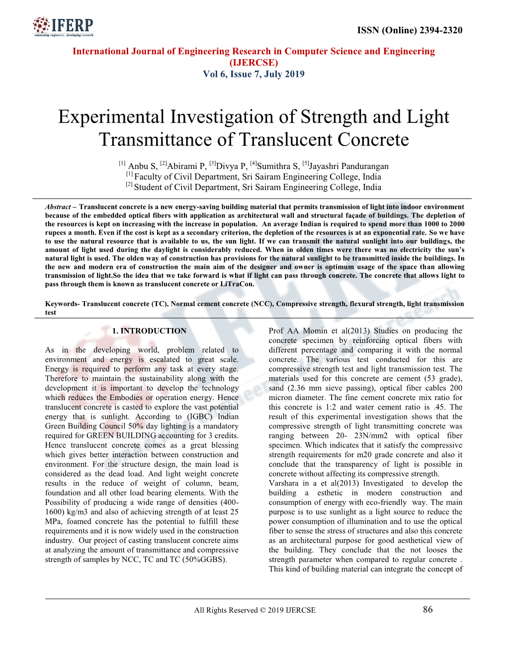 Experimental Investigation of Strength and Light Transmittance of Translucent Concrete