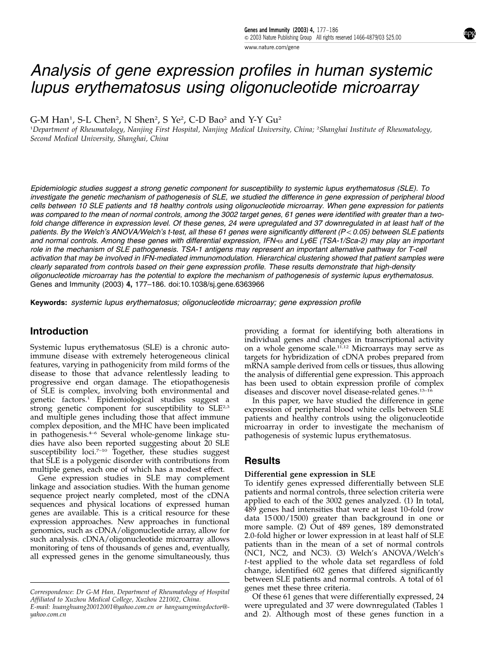 Analysis of Gene Expression Profiles in Human Systemic Lupus Erythematosus Using Oligonucleotide Microarray