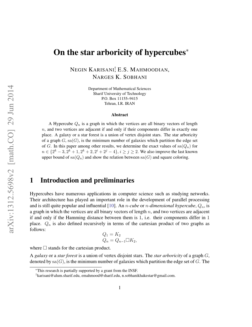 On the Star Arboricity of Hypercubes Arxiv:1312.5698V2 [Math.CO] 29
