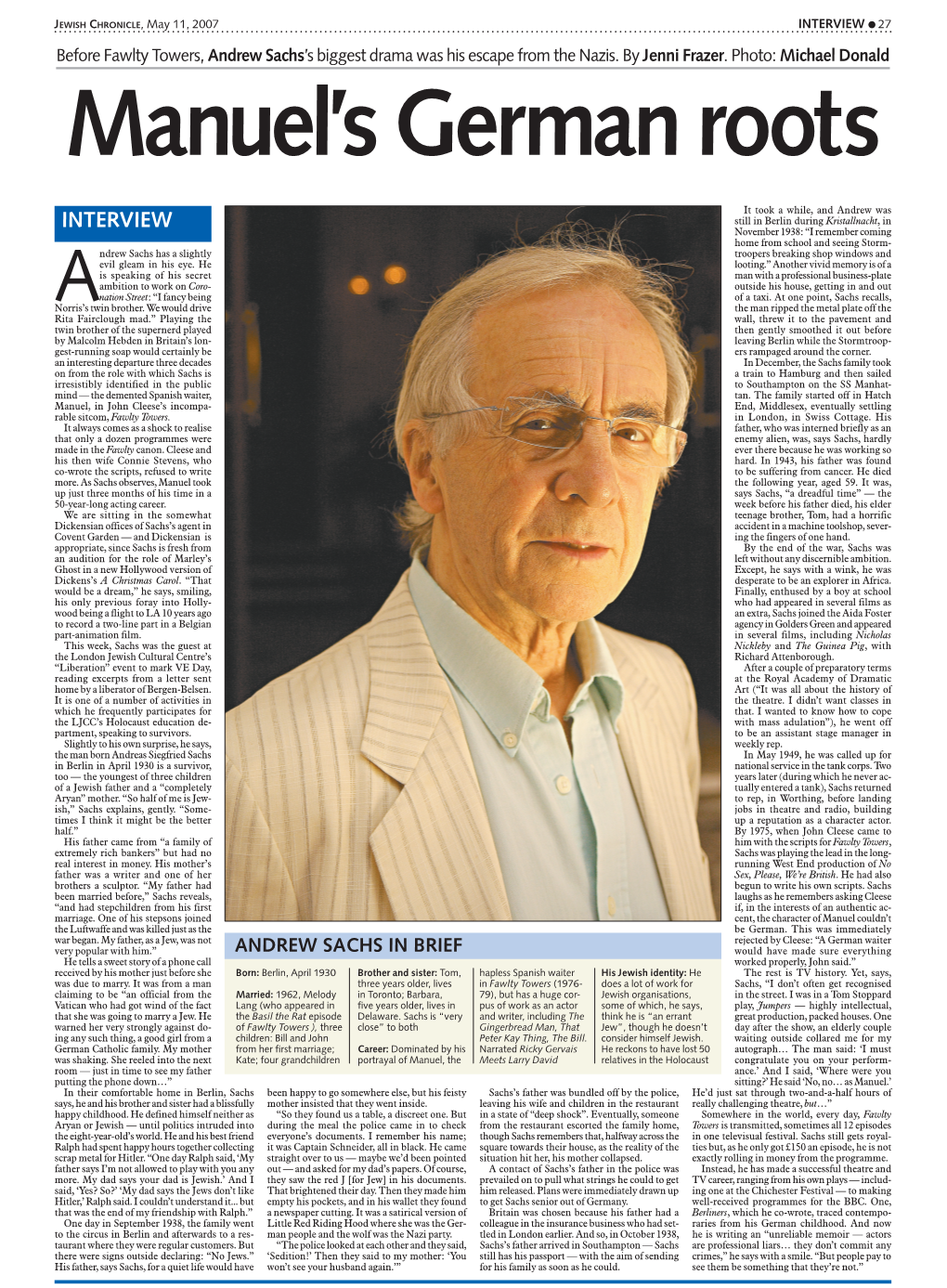 Interview L�27 Before Fawlty Towers, Andrew Sachs’S Biggest Drama Was His Escape from the Nazis