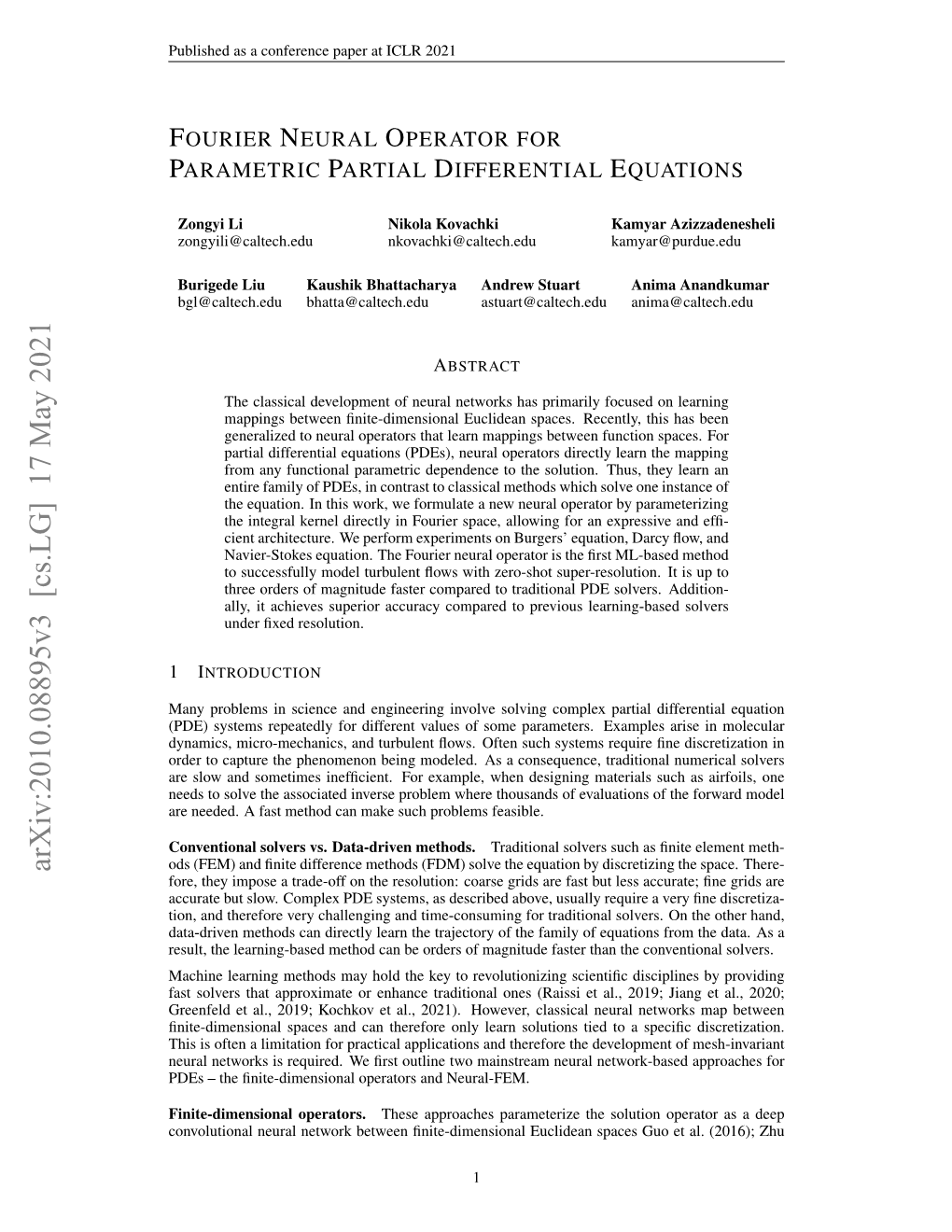Fourier Neural Operator for Parametric Partial Differential Equations