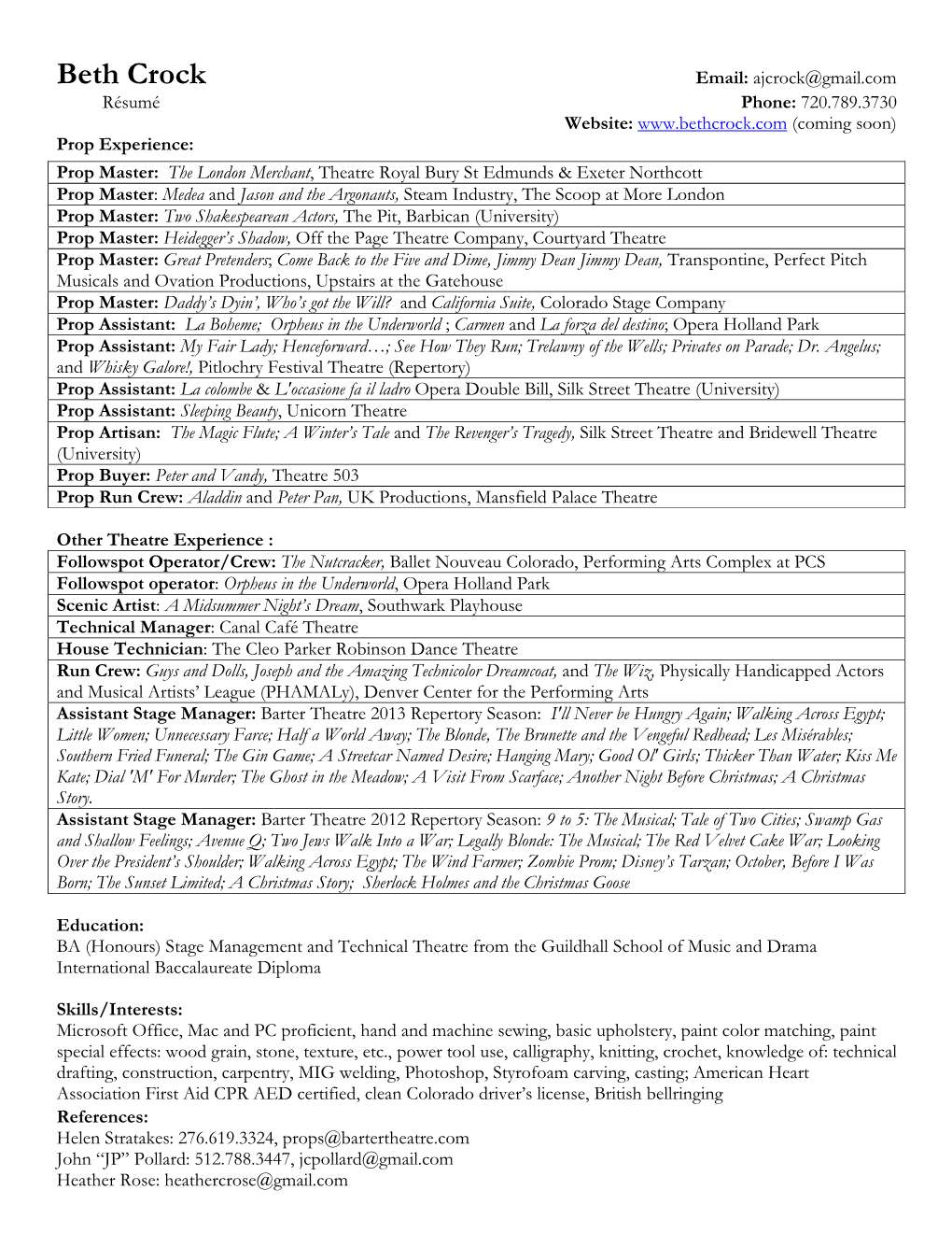 Beth Crock Prop Resume October 2013