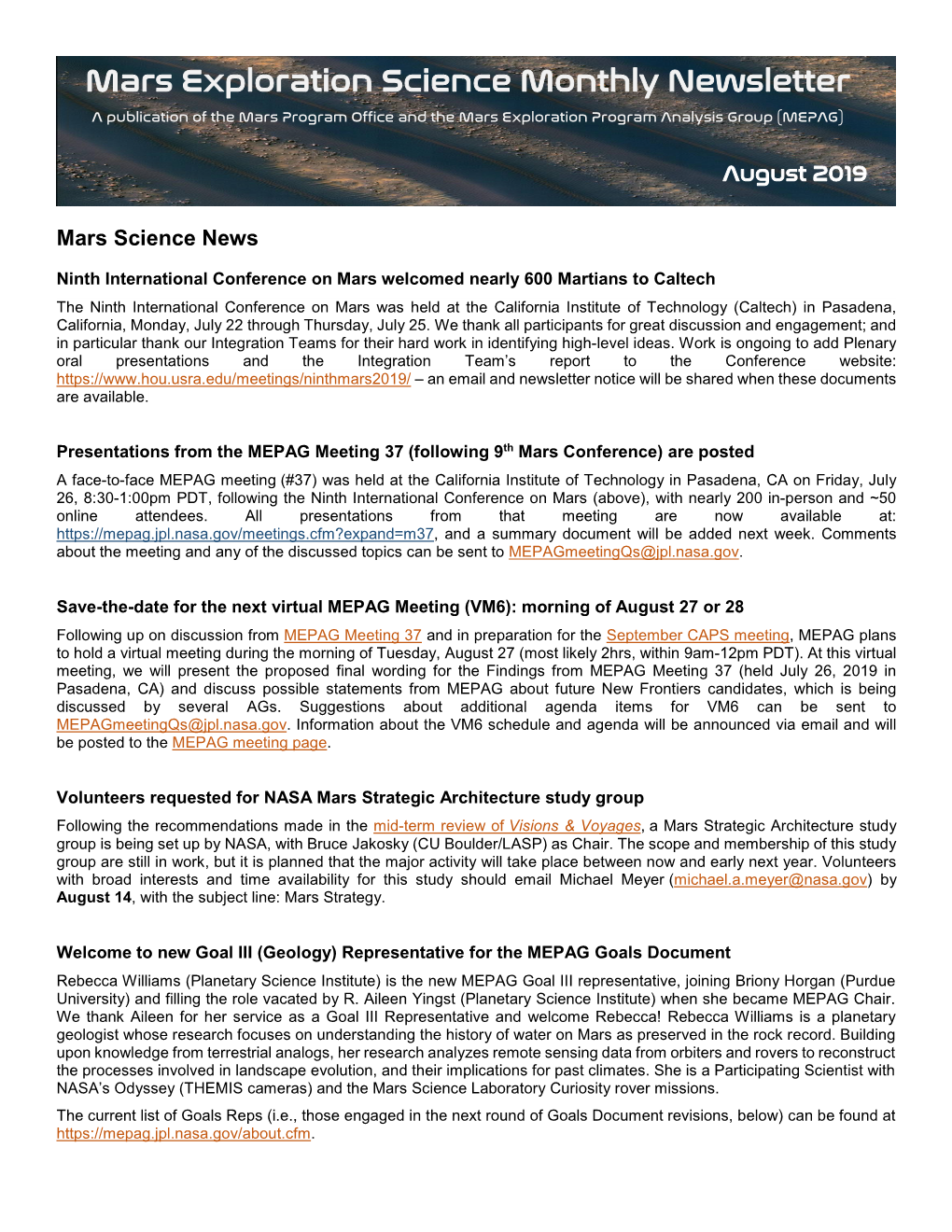 Mars Exploration Science Monthly Newsletter a Publication of the Mars Program Office and the Mars Exploration Program Analysis Group (MEPAG)