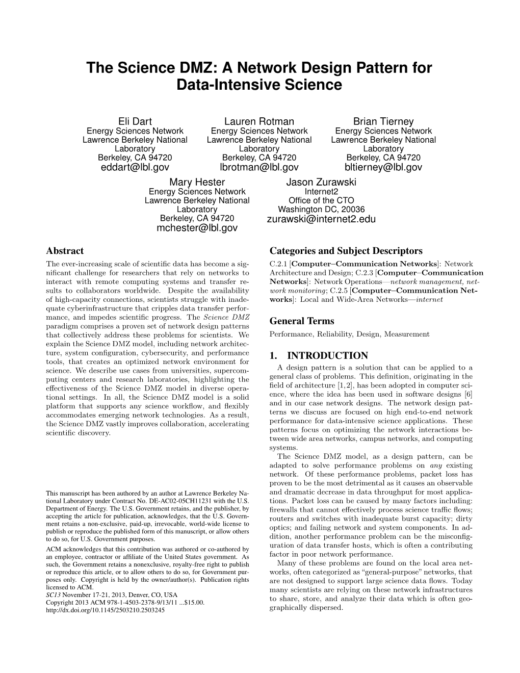 The Science DMZ: a Network Design Pattern for Data-Intensive Science