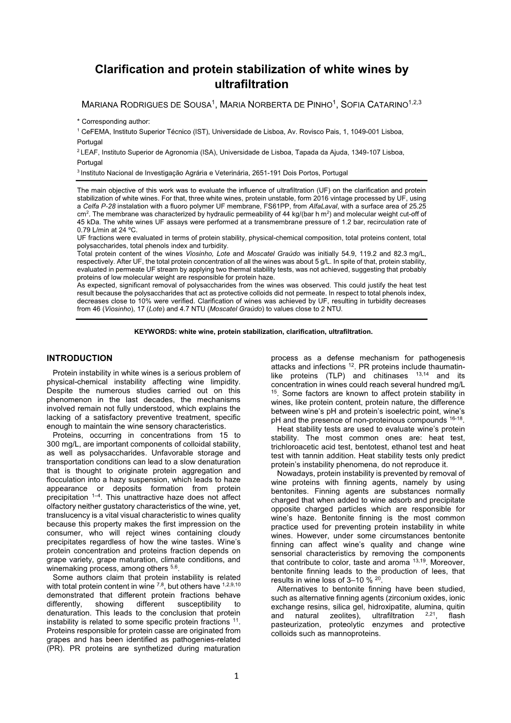 Clarification and Protein Stabilization of White Wines by Ultrafiltration