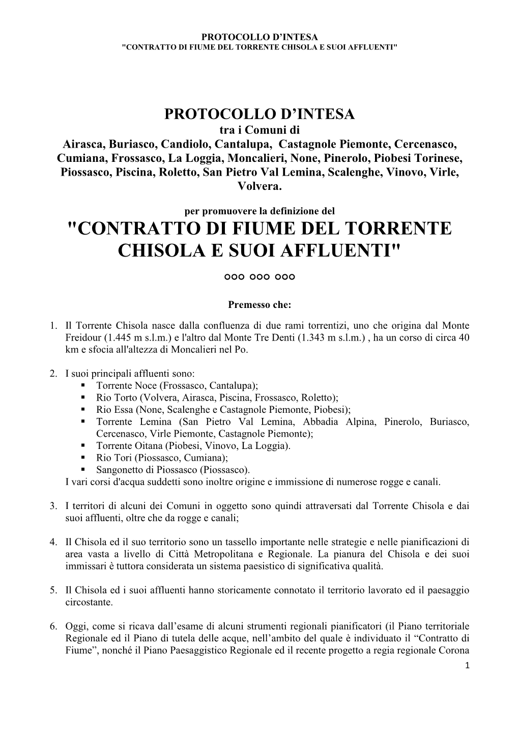 "Contratto Di Fiume Del Torrente Chisola E Suoi Affluenti"