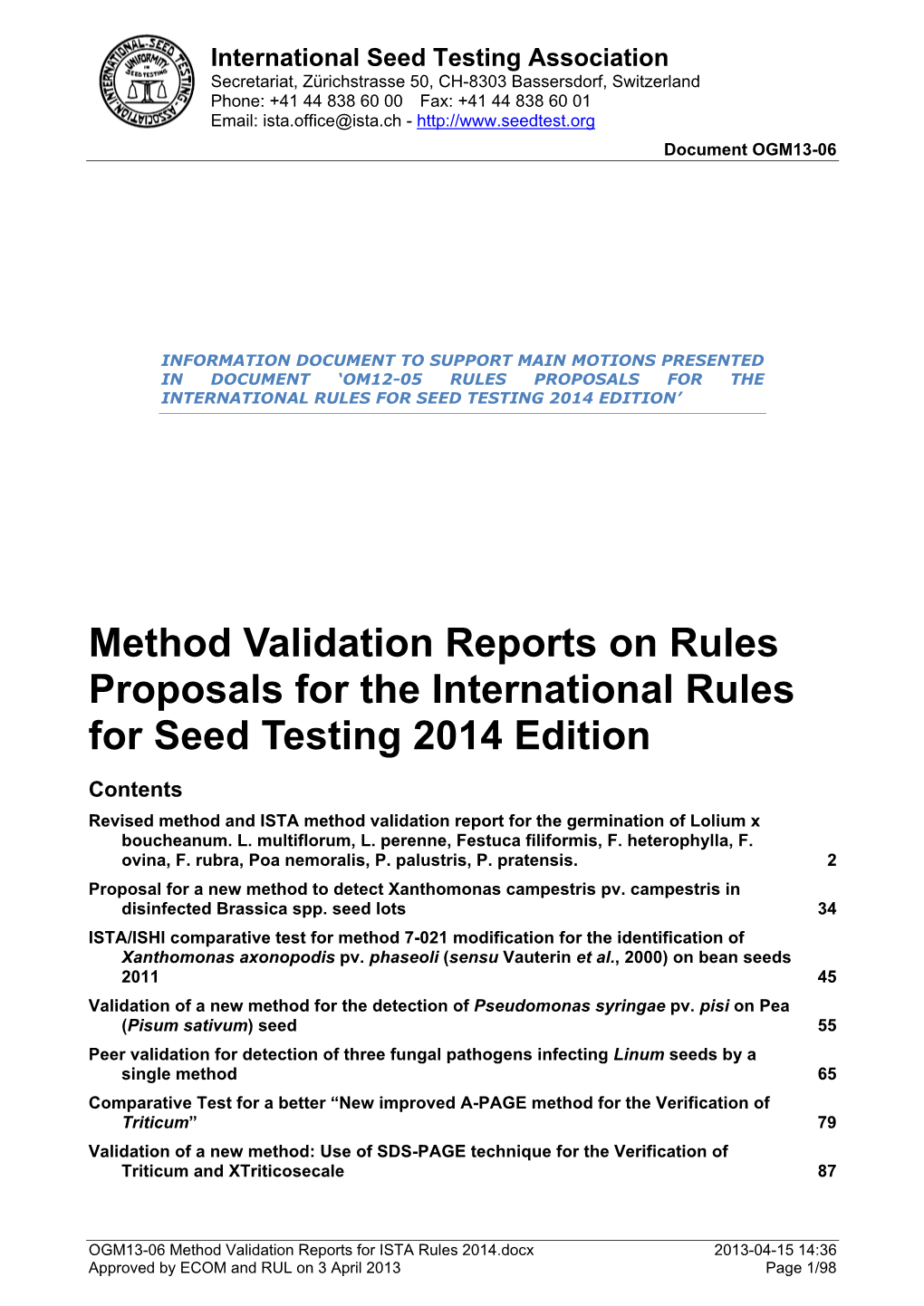 ISTA Method Validation Reports 2014