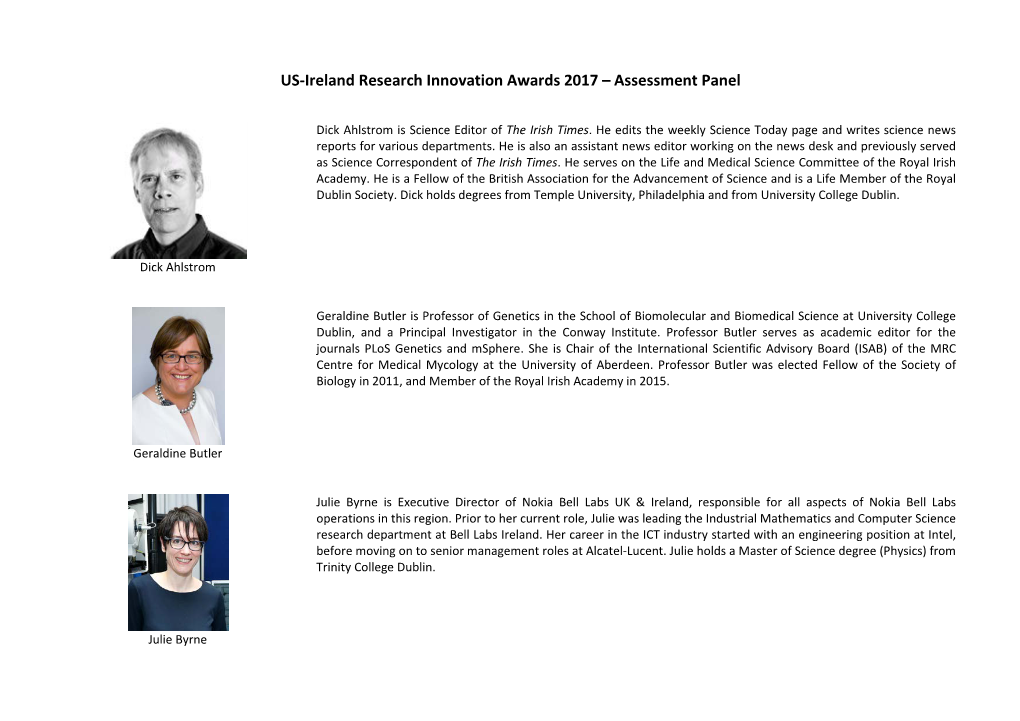 US-Ireland Research Innovation Awards 2017 – Assessment Panel