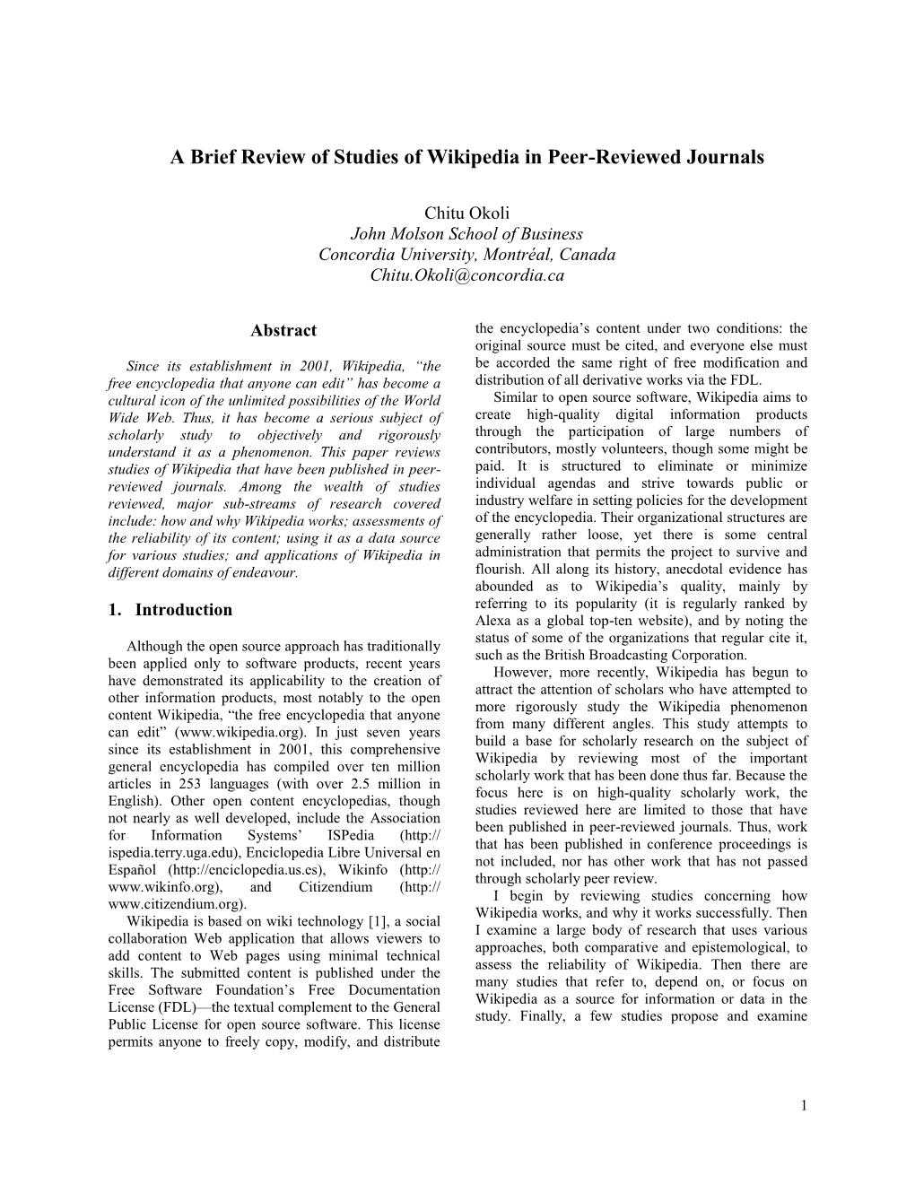 A Brief Review of Studies of Wikipedia in Peer-Reviewed Journals