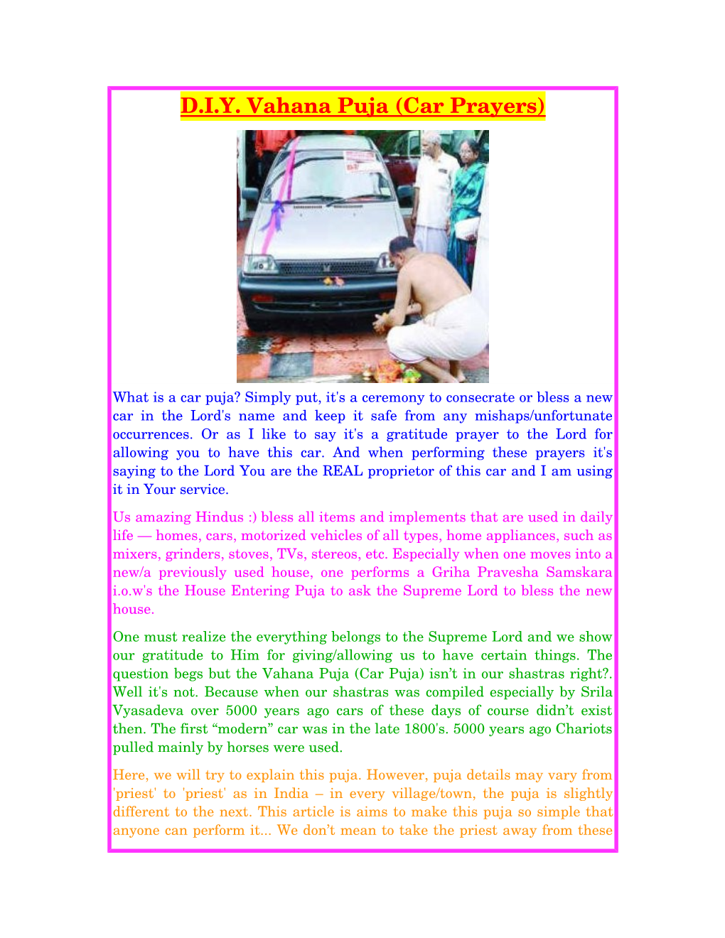 D.I.Y. Vahana Puja (Car Prayers)