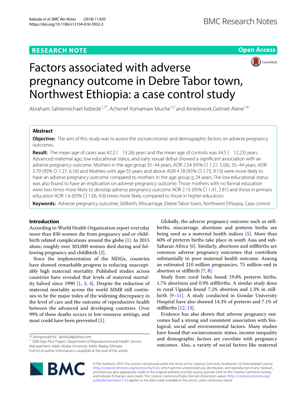 Factors Associated with Adverse Pregnancy Outcome in Debre Tabor Town, Northwest Ethiopia: a Case Control Study