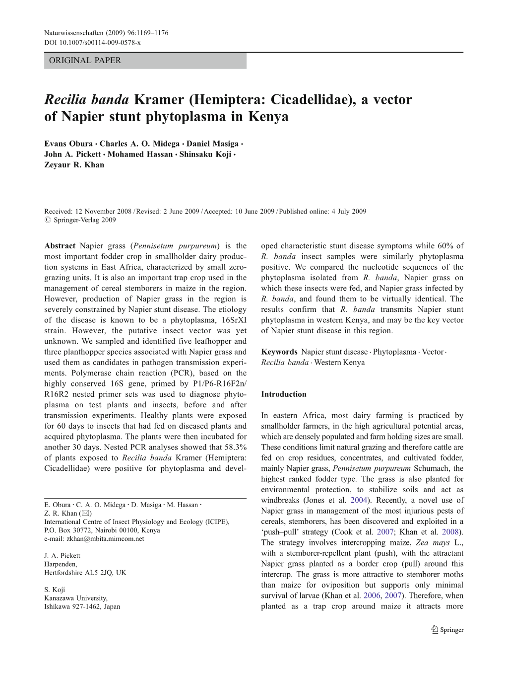 Recilia Banda Kramer (Hemiptera: Cicadellidae), a Vector of Napier Stunt Phytoplasma in Kenya