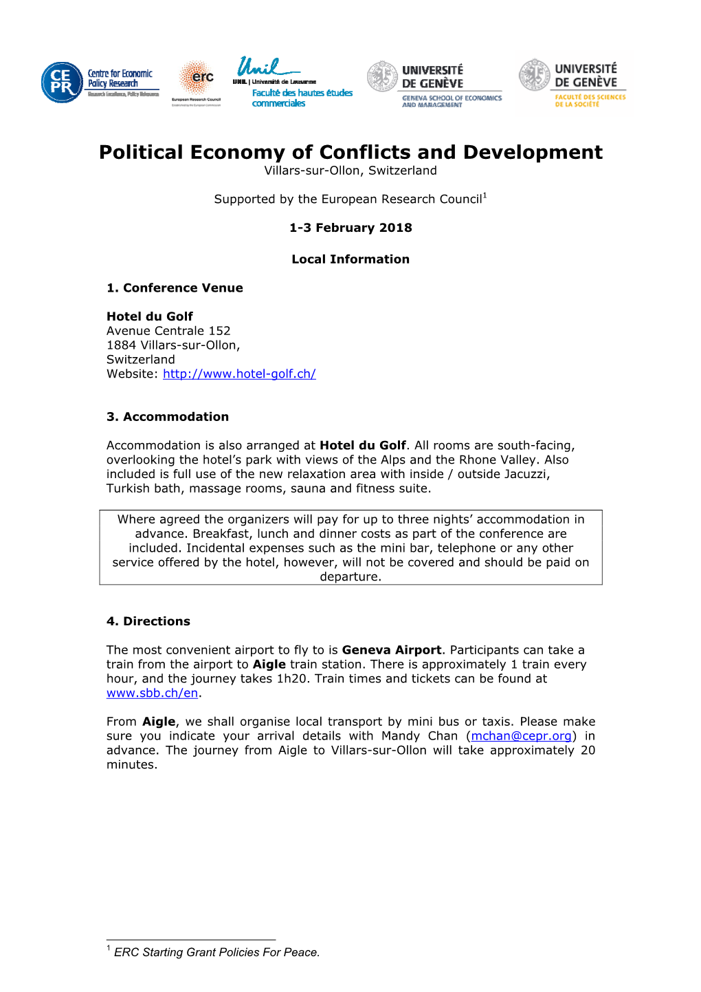 Political Economy of Conflicts and Development Villars-Sur-Ollon, Switzerland