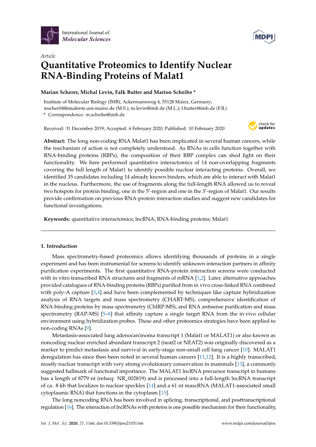 Quantitative Proteomics to Identify Nuclear RNA-Binding Proteins of Malat1