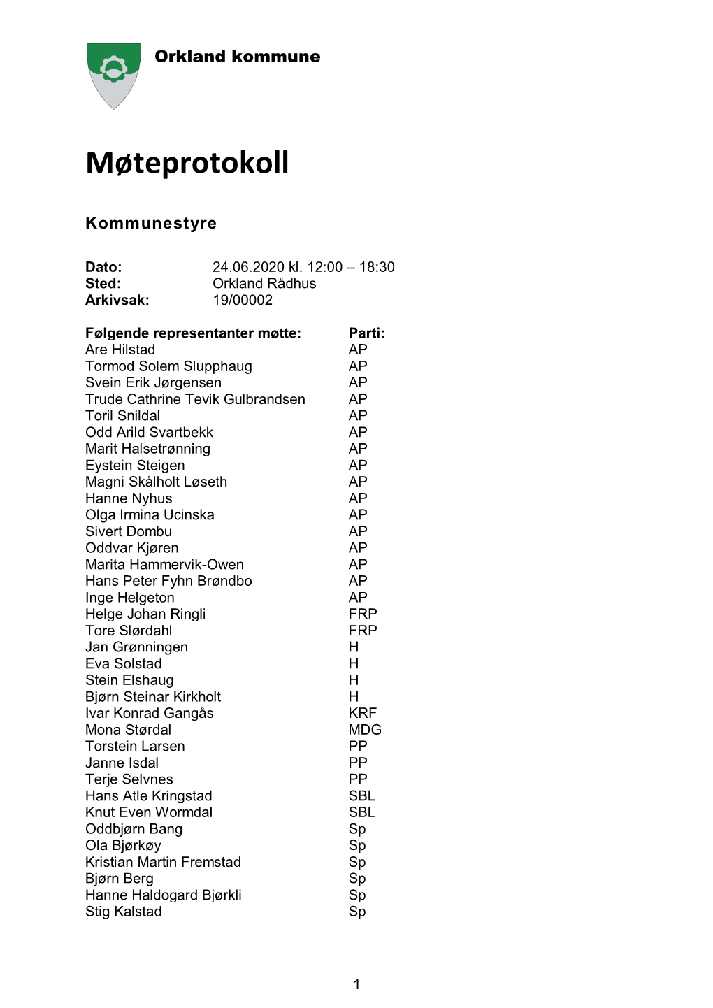 Agenda Kommunestyre 24.06.2020 Kl. 12:00