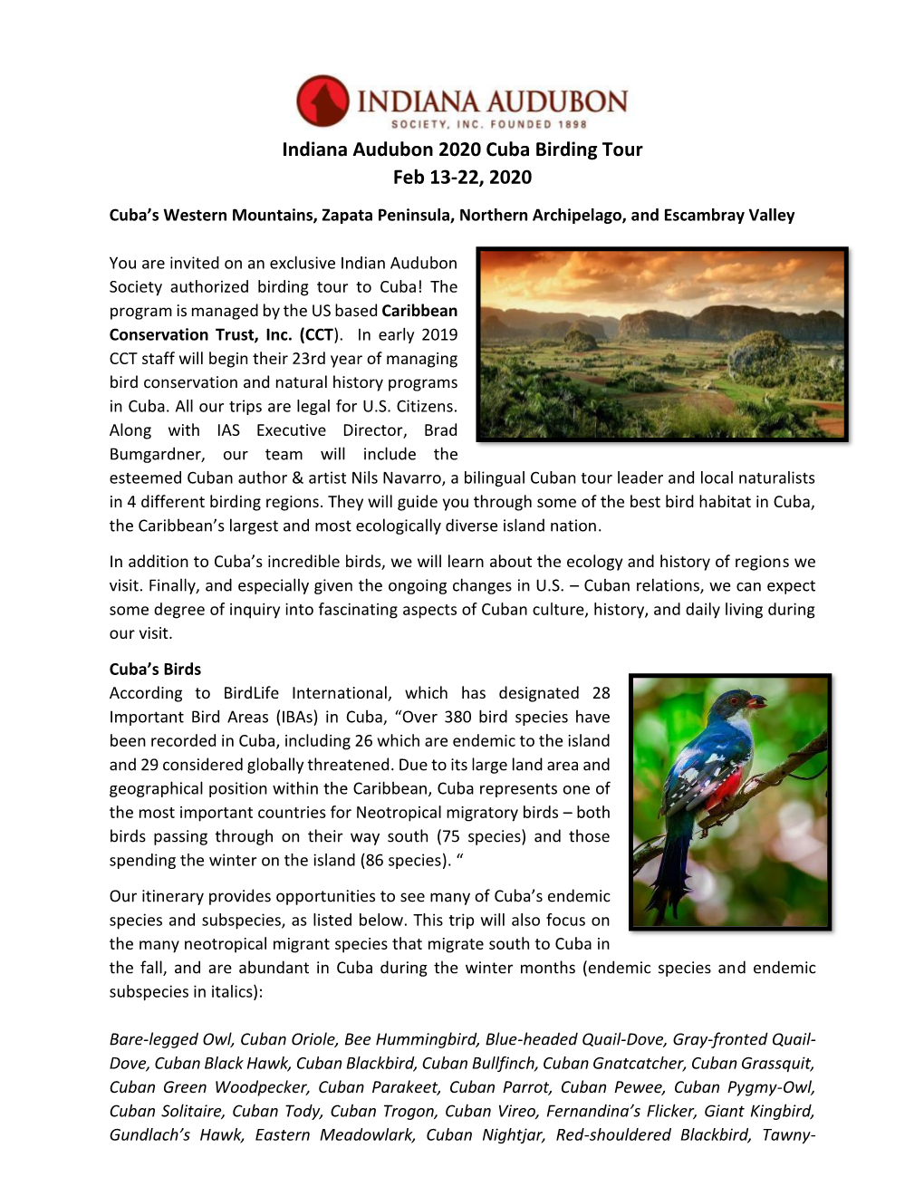 Indiana Audubon 2020 Cuba Birding Tour Feb 13-22, 2020