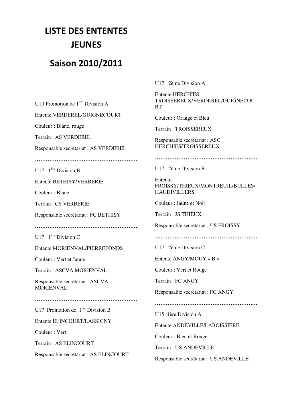 LISTE DES ENTENTES JEUNES Saison 2010/2011