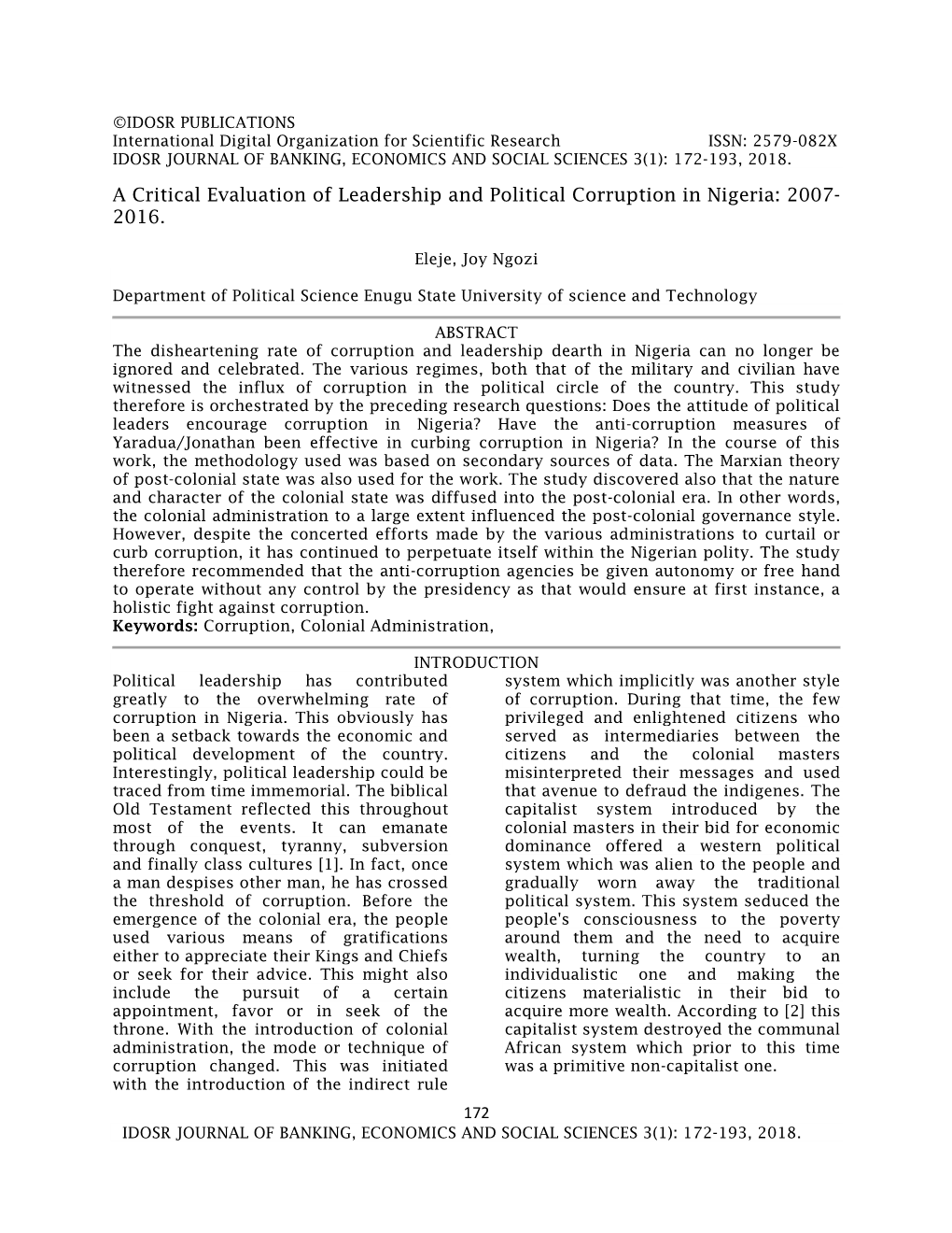 A Critical Evaluation of Leadership and Political Corruption in Nigeria: 2007- 2016